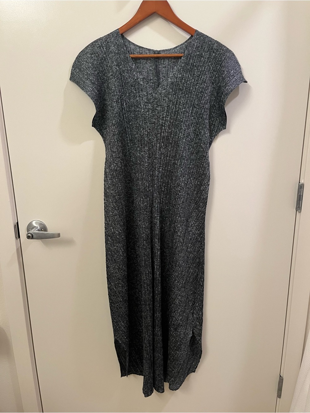 Pleats Please Issey Miyake V-Neck Pleated Midi Dress Charcoal Grey Size 5